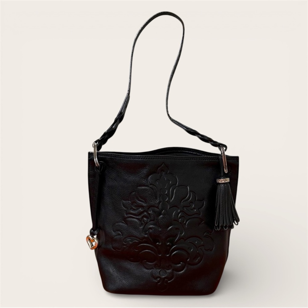 BRIGHTON Black Leather Embossed Medallion Purse Handbag Tassel Charm